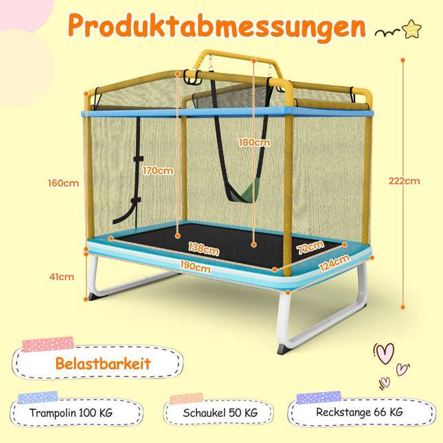 Rectangular 3-in-1 Children's Trampoline 190 x 124cm Leisure Trampoline with Net Blue + Yellow