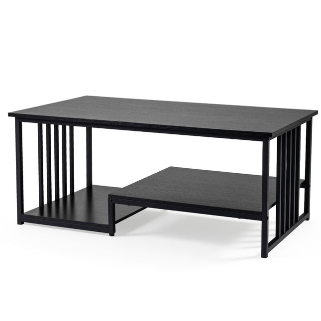 Rectangular Coffee Table with 2 Shelves, Black Metal Frame