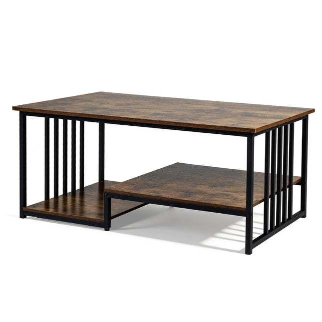 Rectangular Coffee Table with 2 Shelves, Metal Frame