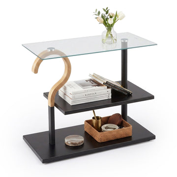 Rectangular Coffee Table with Glass Shelf, Black Frame