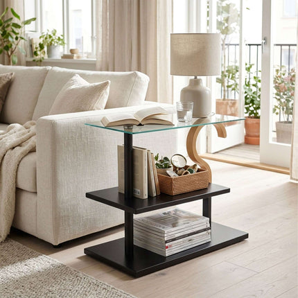 Rectangular Coffee Table with Glass Shelf, Black Frame