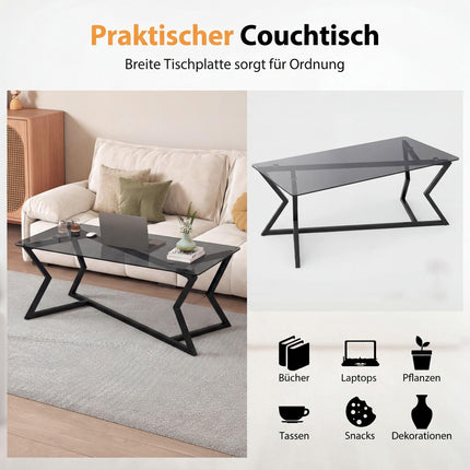 Rectangular Coffee Table with Tempered Glass Top & Metal Frame