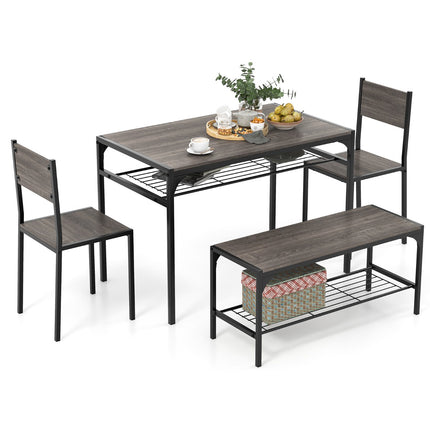 Rectangular Dining Table Set With Bench, 2 Chairs, Storage Shelf