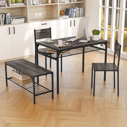 Rectangular Dining Table Set With Bench, 2 Chairs, Storage Shelf