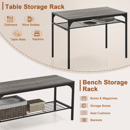 Rectangular Dining Table Set With Bench, 2 Chairs, Storage Shelf