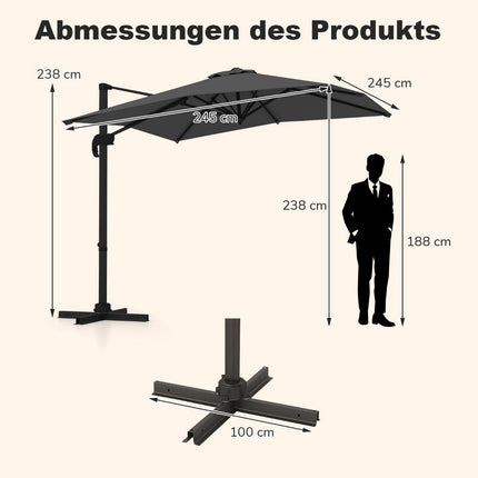 Rectangular Patio Umbrella, 250x250 cm, Adjustable, Gray
