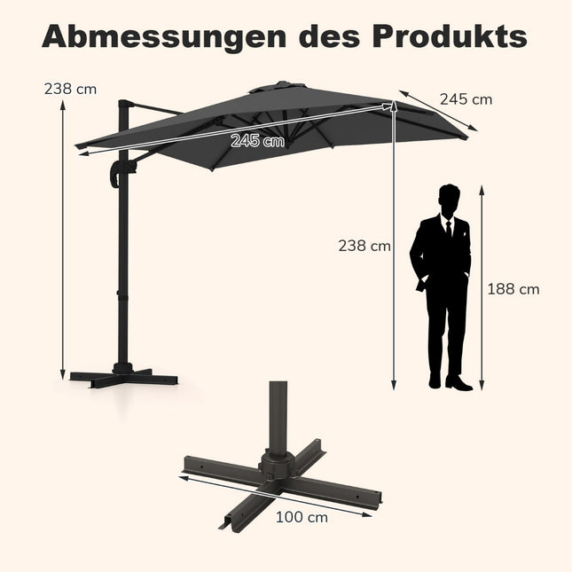 Rectangular Patio Umbrella, 250x250 cm, Adjustable, Gray