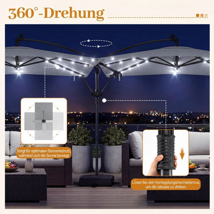 Rectangular Patio Umbrella with Stand, LED Lights, 360 Rotation