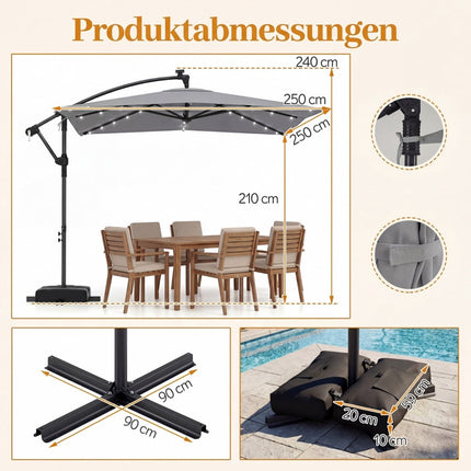 Rectangular Patio Umbrella with Stand, LED Lights, 360 Rotation