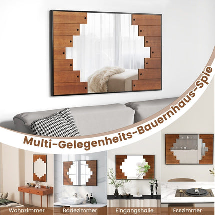 Rectangular mirror with wooden frame 60 x 95 cm rustic wall mirror with two-way hooks