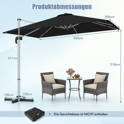 Rectangular parasol 300 x 300 cm large cantilever parasol with crank black