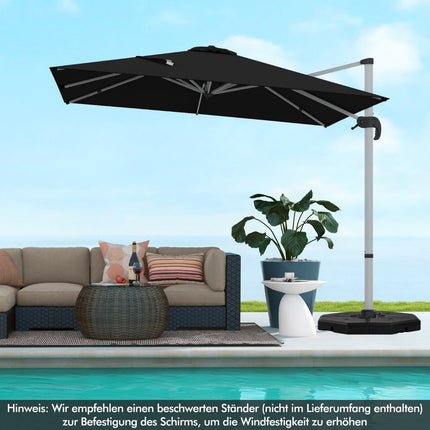 Rectangular parasol 300 x 300 cm large cantilever parasol with crank black