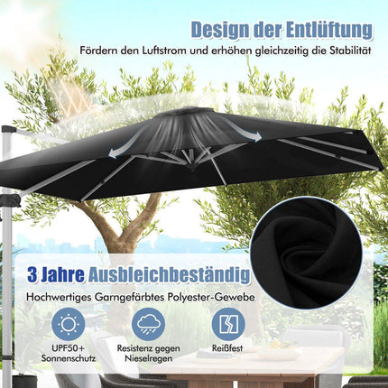 Rectangular parasol 300 x 300 cm large cantilever parasol with crank black