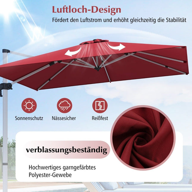 Rectangular parasol 300 x 300 cm large cantilever parasol with crank wine red