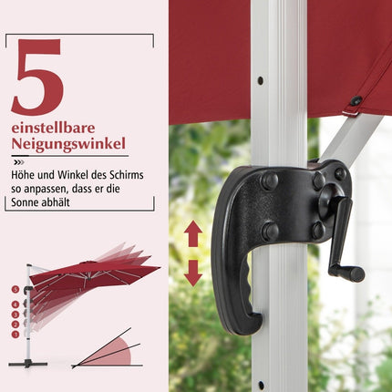 Rectangular parasol 300 x 300 cm large cantilever parasol with crank wine red