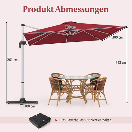 Rectangular parasol 300 x 300 cm large cantilever parasol with crank wine red