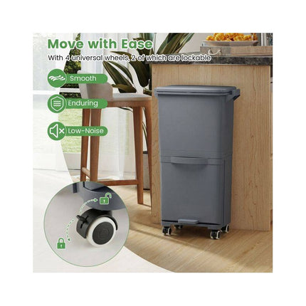 Recycling Waste Bin 36L with 2 Removable 10L Compartments, Grey, Foot Pedal