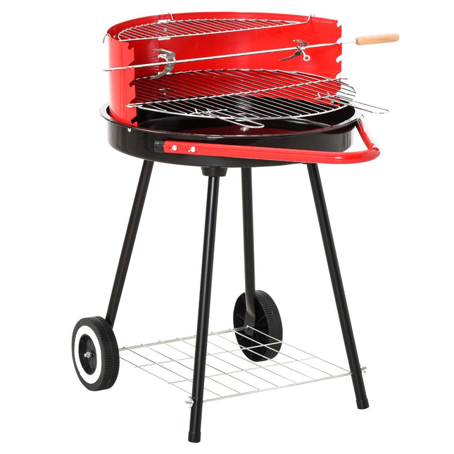 Red metal charcoal grill with wheels, 51x70x75.5cm