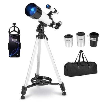 Refractor Telescope 70 mm with 2 Eyepieces and 3X Lens, Adjustable Tripod, White