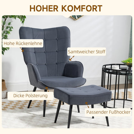 Velvet Relax Chair with armrests and footstool