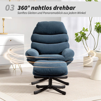 Relax Chair with Ottoman, Chenille Fabric, Blue, 360 Swivel