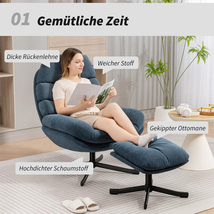 Relax Chair with Ottoman, Chenille Fabric, Blue, 360 Swivel