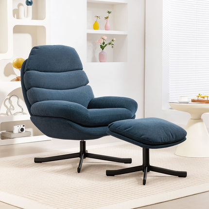 Relax Chair with Ottoman, Chenille Fabric, Blue, 360 Swivel