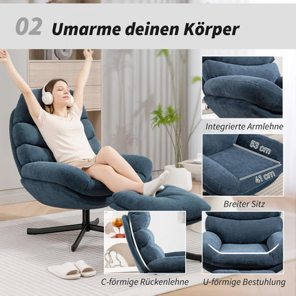 Relax Chair with Ottoman, Chenille Fabric, Blue, 360 Swivel