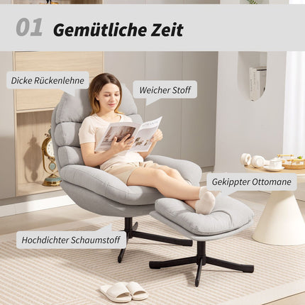 Relax Chair with Ottoman, Chenille Fabric, Cream, 360 Swivel