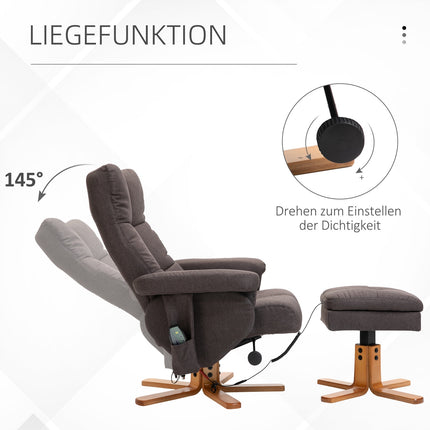 Massage chair with footstool, 145° tilt, brown