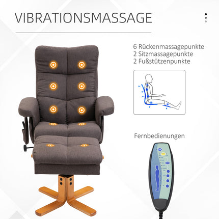Massage chair with footstool, 145° tilt, brown