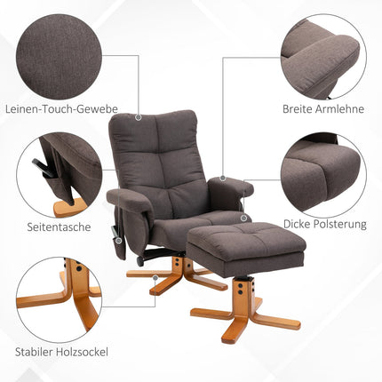 Massage chair with footstool, 145° tilt, brown