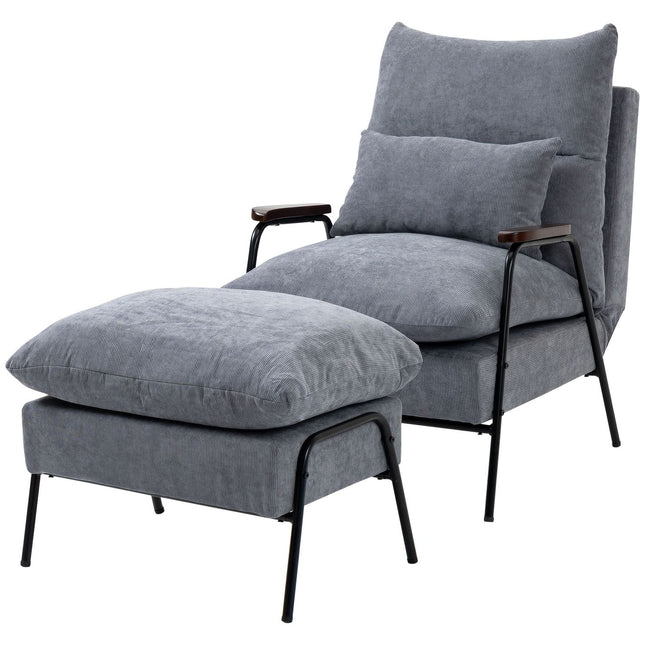Reclining gray armchair with adjustable backrest and ottoman