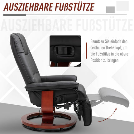 Reclining chair in artificial leather with footrest, swivel, black