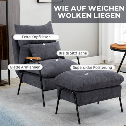 Lounger with ottoman, upholstered, grey, 68x91.5x88 cm