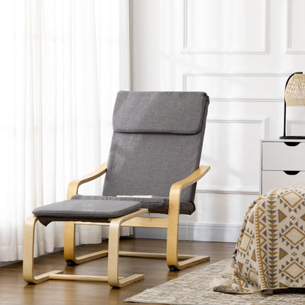 Relaxation chair in gray linen with armrests and footstool