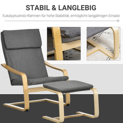 Relaxation chair in gray linen with armrests and footstool