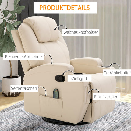Electric reclining massage chair, 5 positions, cream white leather