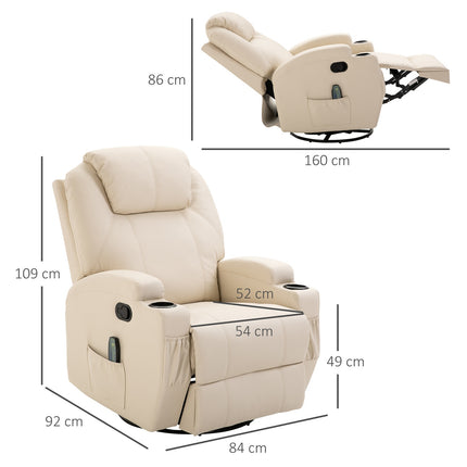 Electric reclining massage chair, 5 positions, cream white leather
