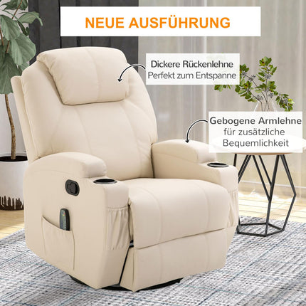Electric reclining massage chair, 5 positions, cream white leather