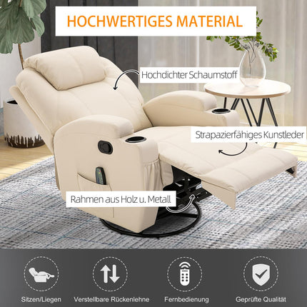 Electric reclining massage chair, 5 positions, cream white leather