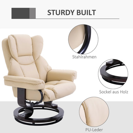 Reclining relaxation chair with stool, artificial leather cream