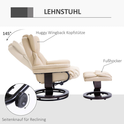 Reclining relaxation chair with stool, artificial leather cream