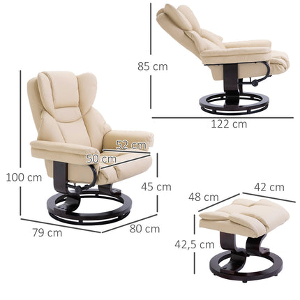 Reclining relaxation chair with stool, artificial leather cream