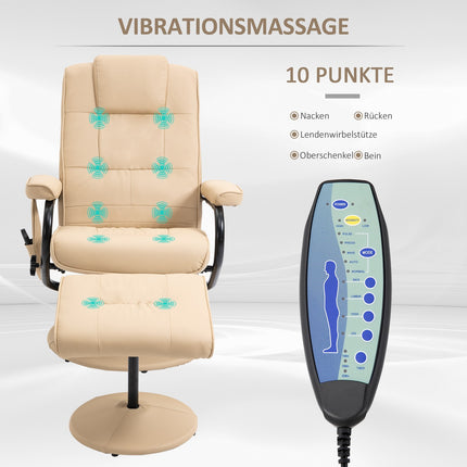 Reclining massage chair with stool - artificial leather, cream