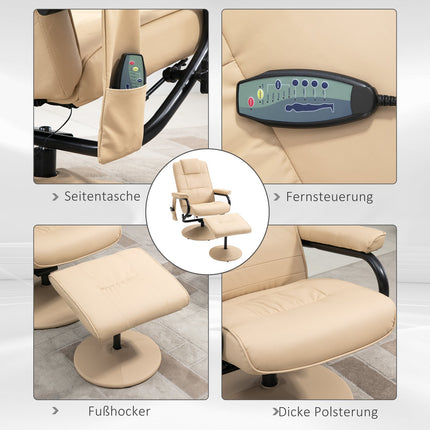 Reclining massage chair with stool - artificial leather, cream