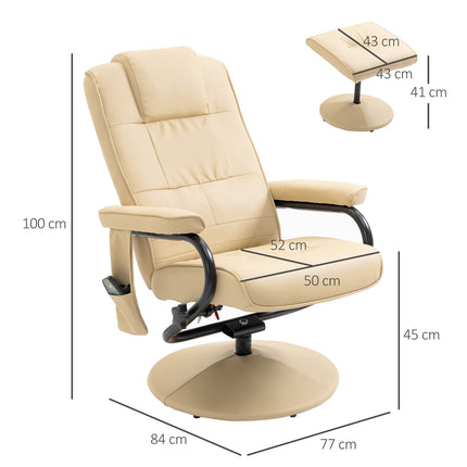 Reclining massage chair with stool - artificial leather, cream