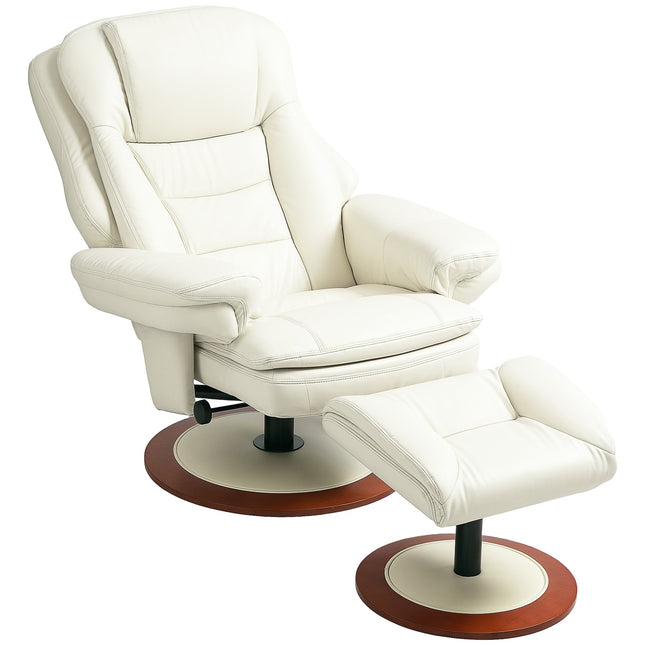 Ontspanningsfauteuil met kruk, tv-fauteuil met ligfunctie, draaibare tv-fauteuil met houten onderstel, ligfauteuil met een draagvermogen tot 150 kg voor de woonkamer, kunstleer, crèmewit