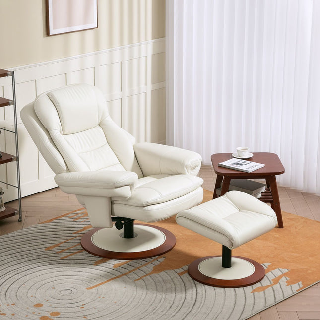 Ontspanningsfauteuil met kruk, tv-fauteuil met ligfunctie, draaibare tv-fauteuil met houten onderstel, ligfauteuil met een draagvermogen tot 150 kg voor de woonkamer, kunstleer, crèmewit