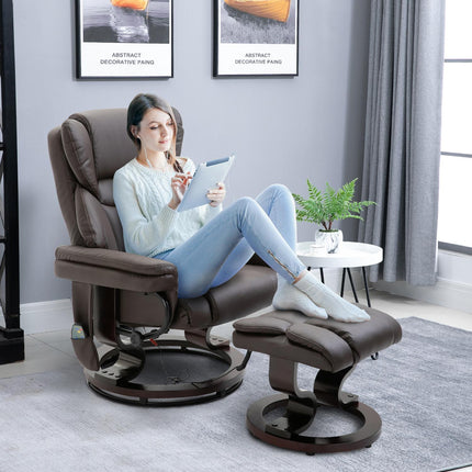Massage armchair with footstool, artificial leather, brown